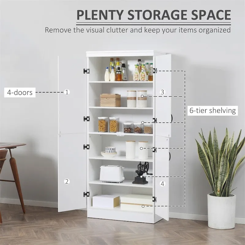 Freestanding Kitchen Pantry, 6-tier Shelving with 2 Adjustable Shelves