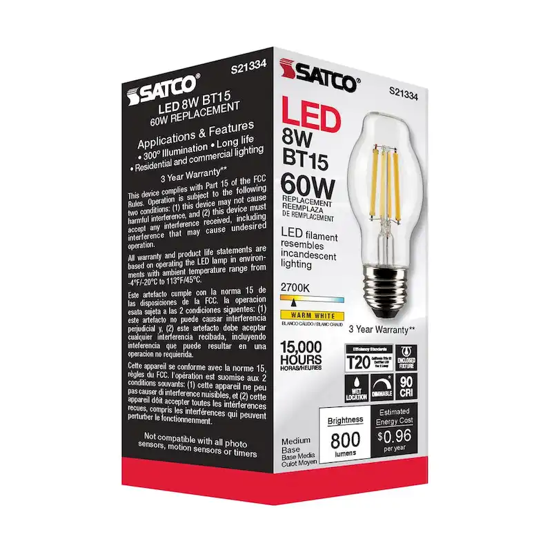 8 Watt BT15 LED - Clear - Medium base - 90 CRI - 2700K - 120 Volt