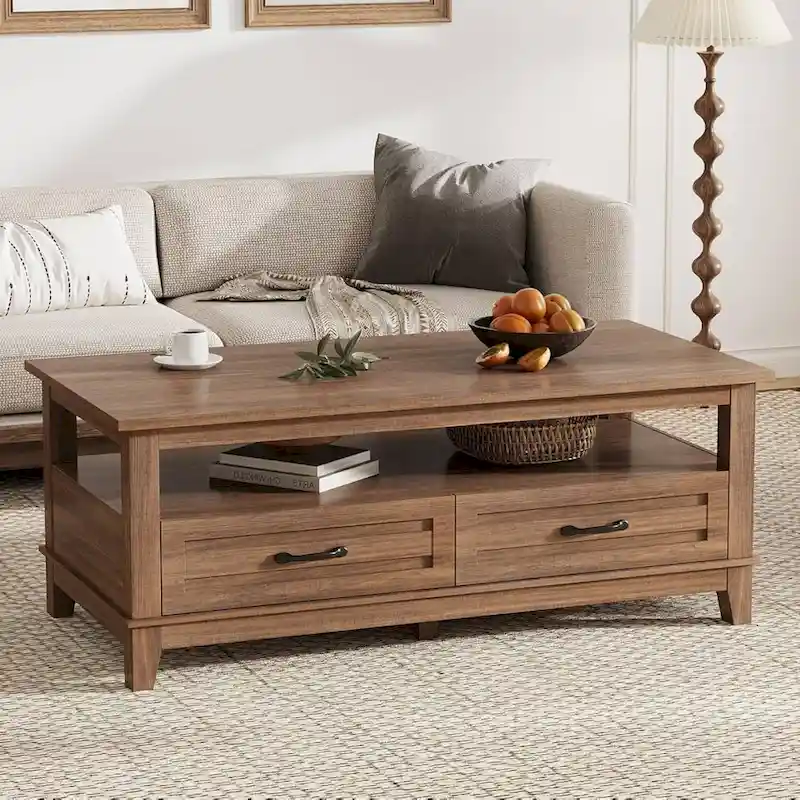 Walnut Coffee Table with Drawers and Open Shelf