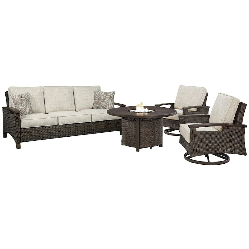Signature Design by Ashley Paradise Trail Medium Brown/Beige Outdoor Sofa, Lounge Chairs and Fire Pit Table - 84W x 34D x 37H