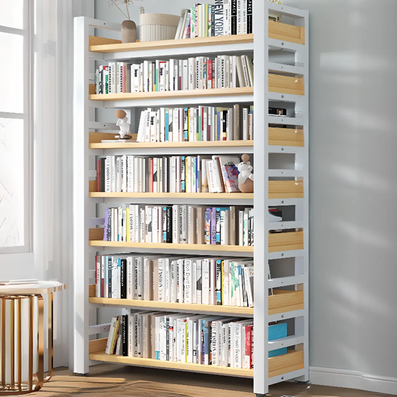Freestanding Simple Multi-Layer Wood Bookshelf in Steel Frame
