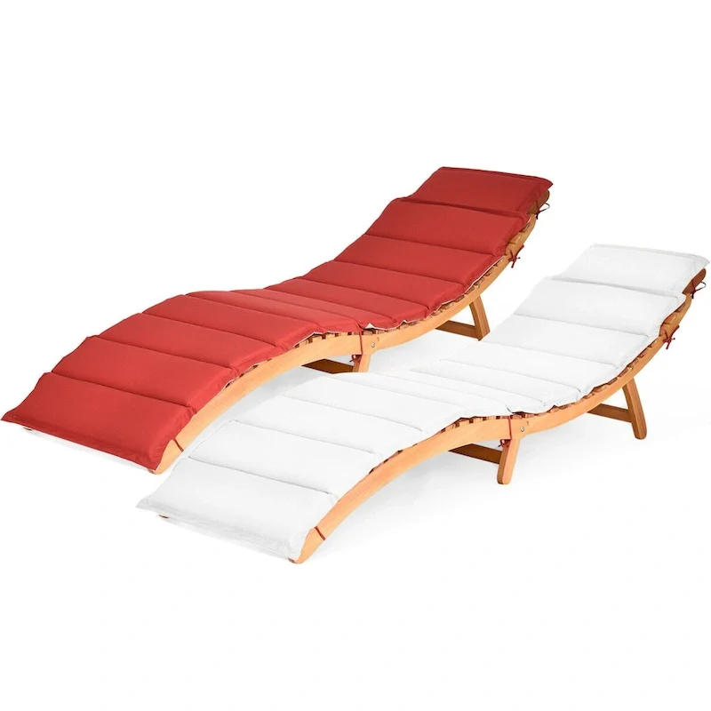 Outdoor Folding Chaise Lounge Chair Set of 2, Eucalyptus Wood Patio Lounger with Cushion