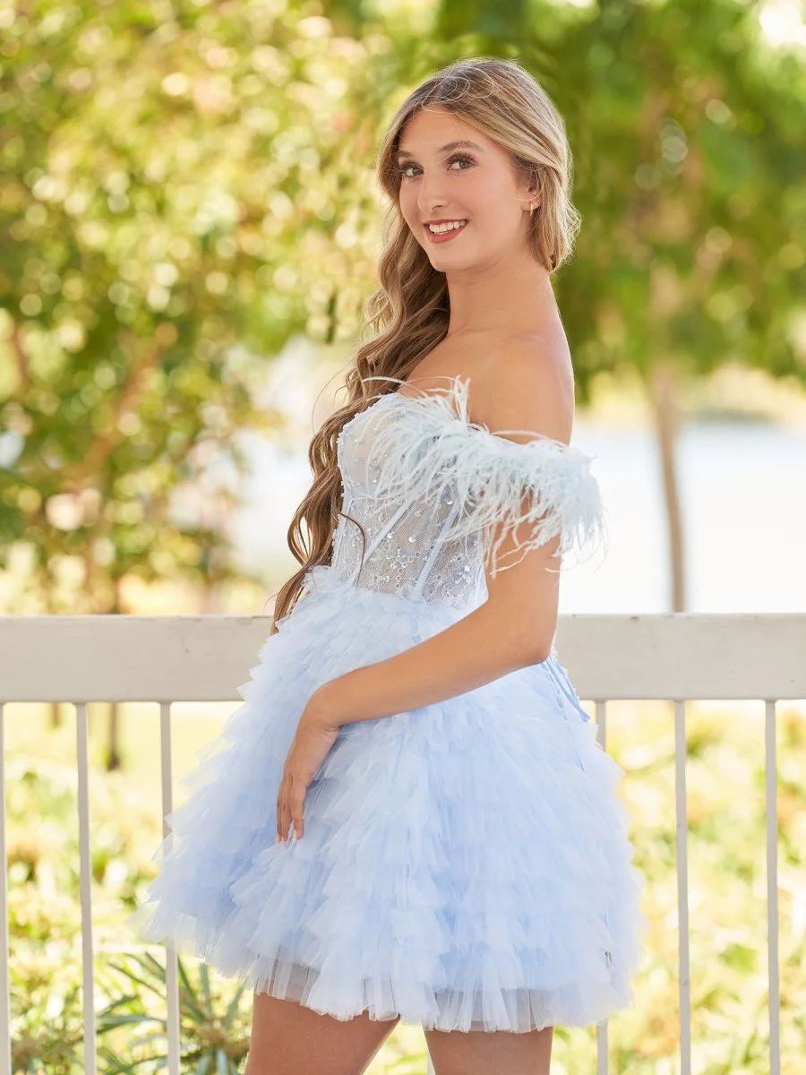 A Line Off the Shoulder Sky Blue Homecoming Dress with Feather