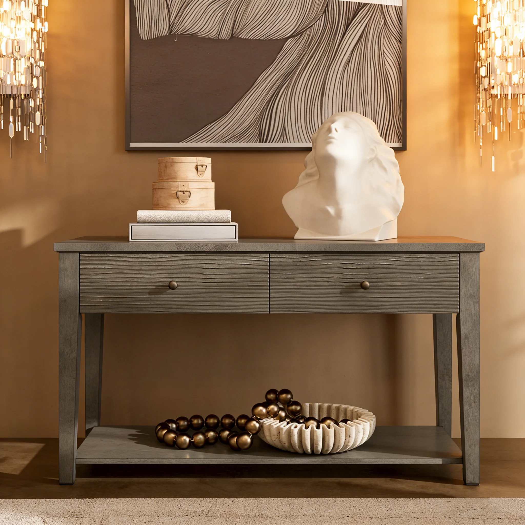 Vintage Gray Finish Gray Fiber Cement Sofa Table With Shelves
