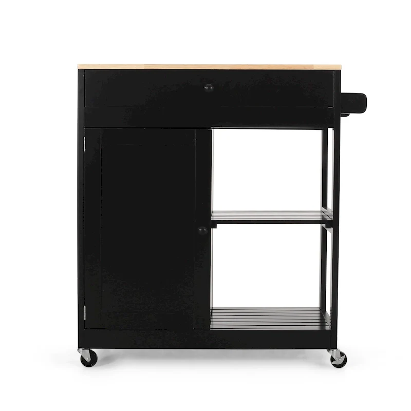 Black/White/Gray & Natural Wood Top Rolling Kitchen Cart with Drawer & Cabinet, for 1