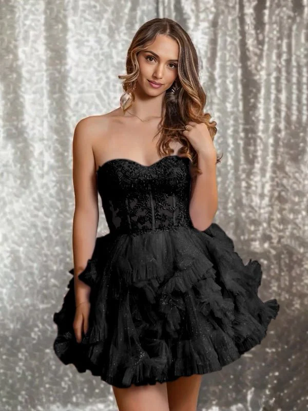Black - Strapless A Line Ruffle Tulle Homecoming Dress With Appliques