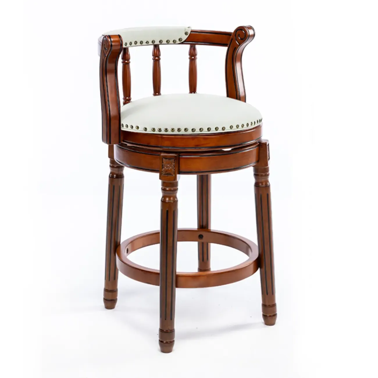 Swivel Counter Height Bar Stools in Genuine Leather & Walnut Solid Wood