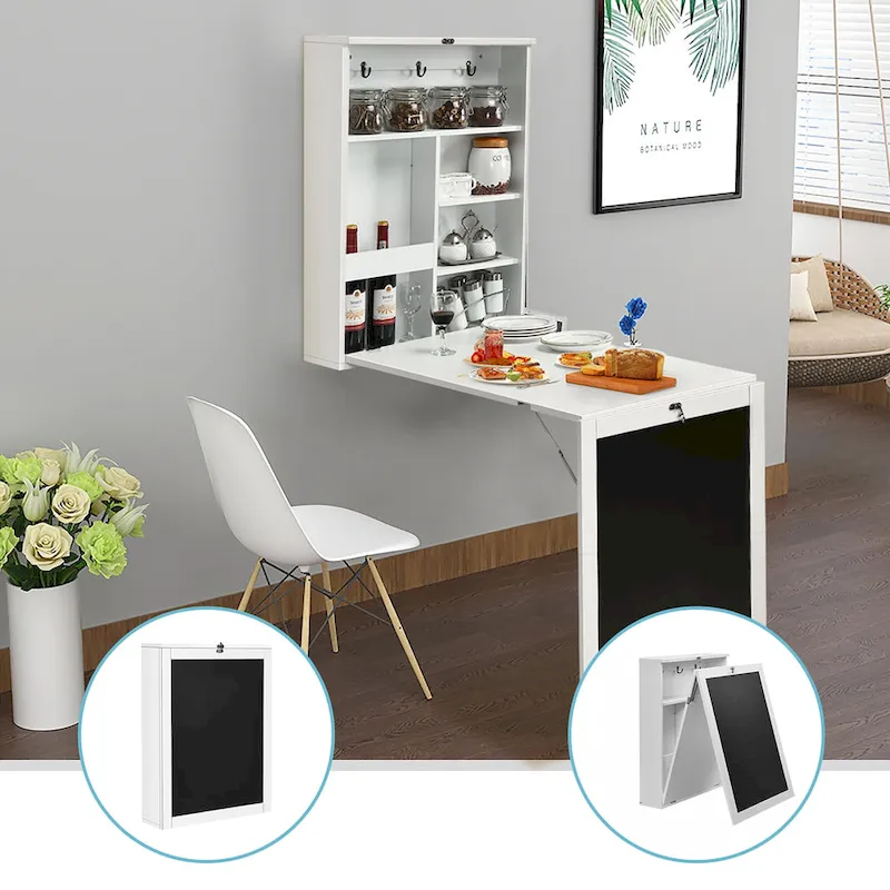 Foldable Wall Mounted Table Convertible Desk with Blackboard Shelves