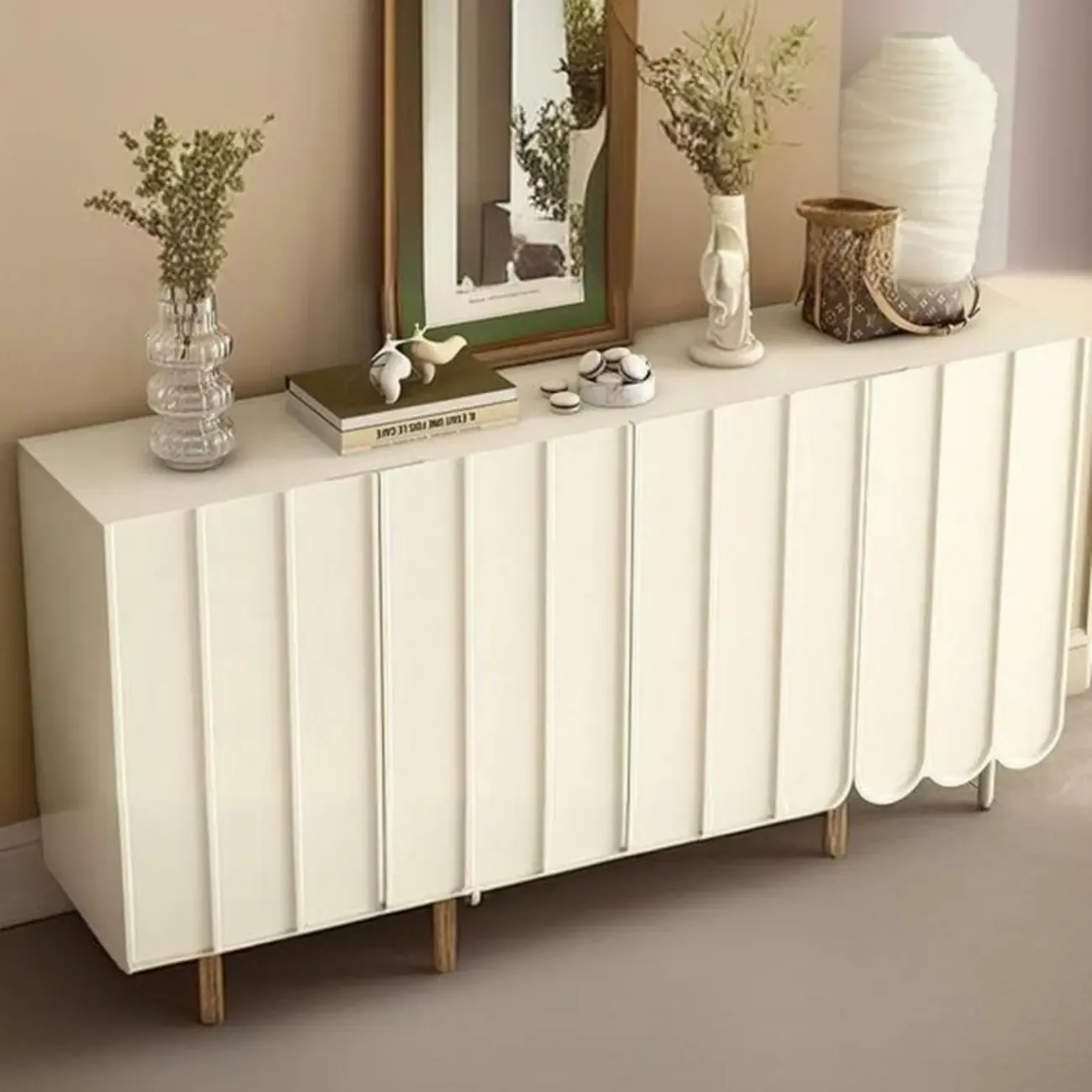 Entryway White Wooden Fluted Front Shoe Cabinet
