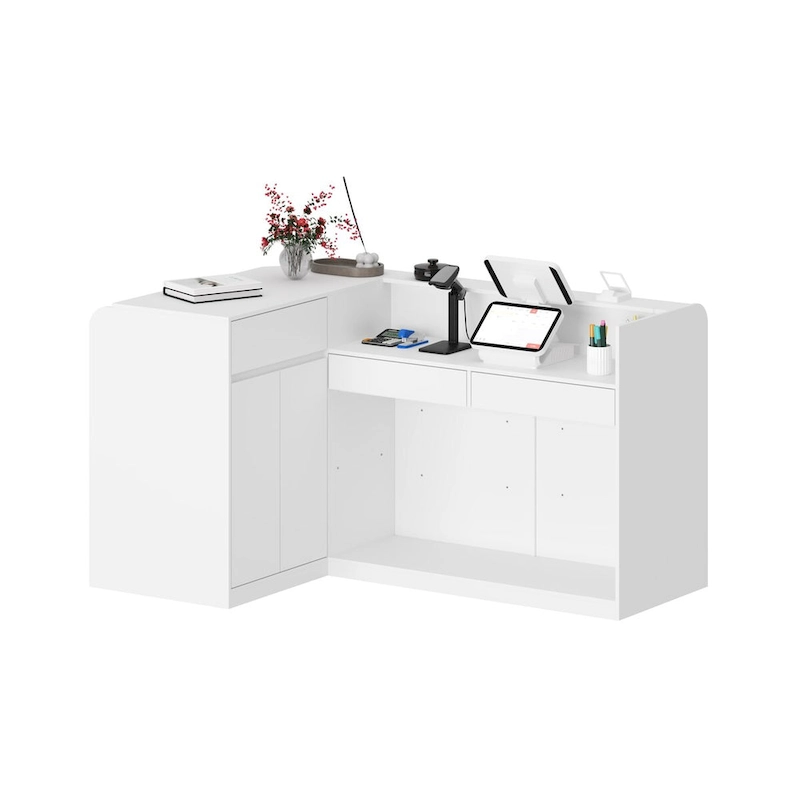 White Welcome Desk with Side Drawer and Cabinet - Reception Solution