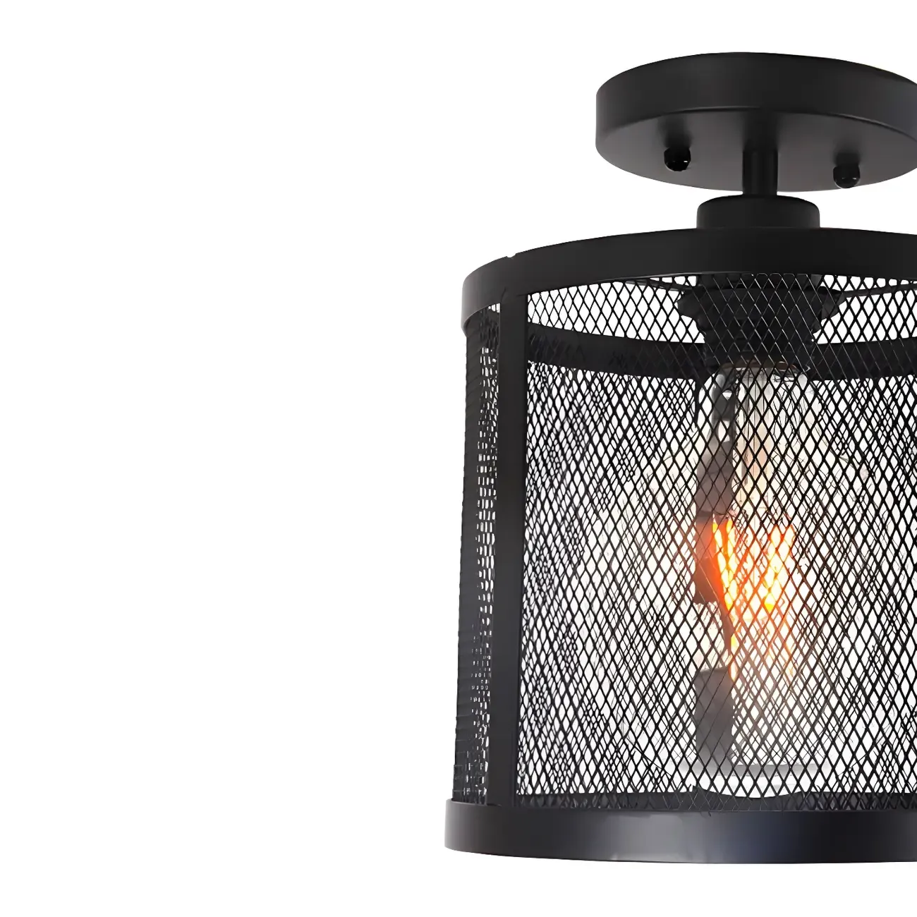Industrial Black Iron Mesh Cylinder Semi Flush Ceiling Light