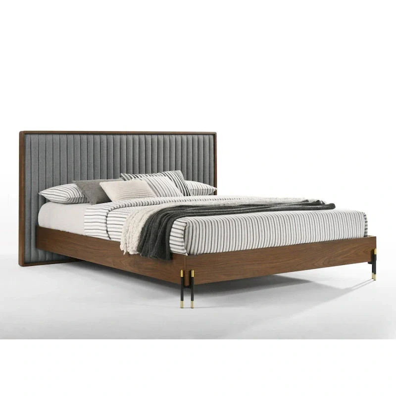 Walnut Veneer & Grey Fabric Mid-Century Platform Bed with Black & Gold Hairpin Legs – Queen / King / Cal King