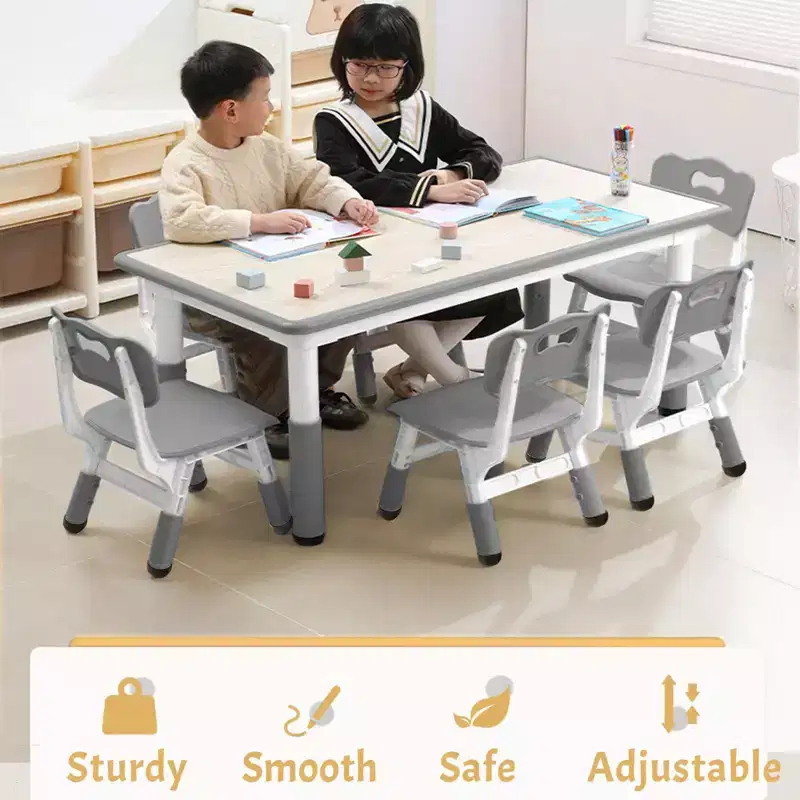 Kids Table and Chairs Set, Height Adjustable Toddler Table with 6 Chairs C Erasable Art Desk for Preschool, Daycare, Home