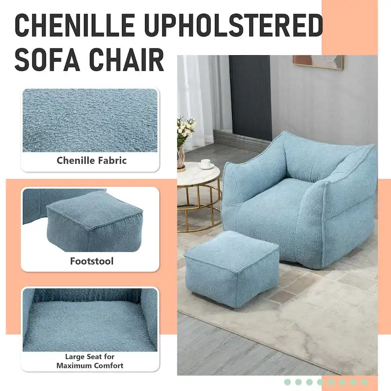 Boucle Upholstered Deep Seat Armless Square Bean Bag Chair with Ottoman