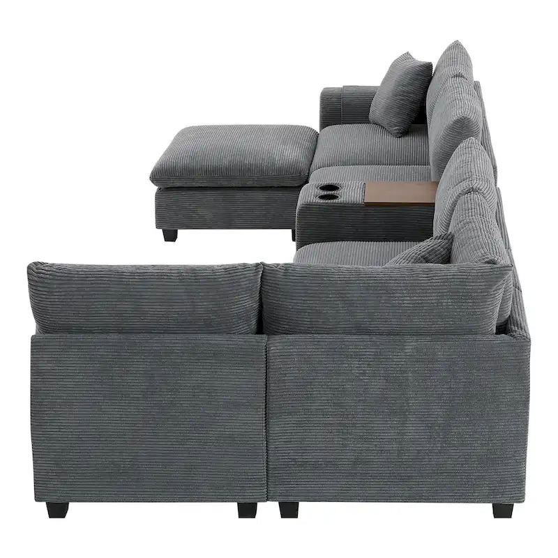 U Shaped Chenille Sofa w/Ottoman,Console,Cup Holder,Wide Seat,USB
