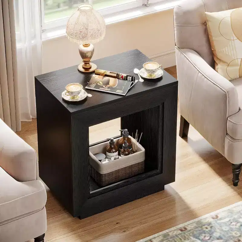 Lantine Rustic Wood End Table: 2-tiered square side table with storage shelf, industrial style, for living room/entrance, rustic brown/black.