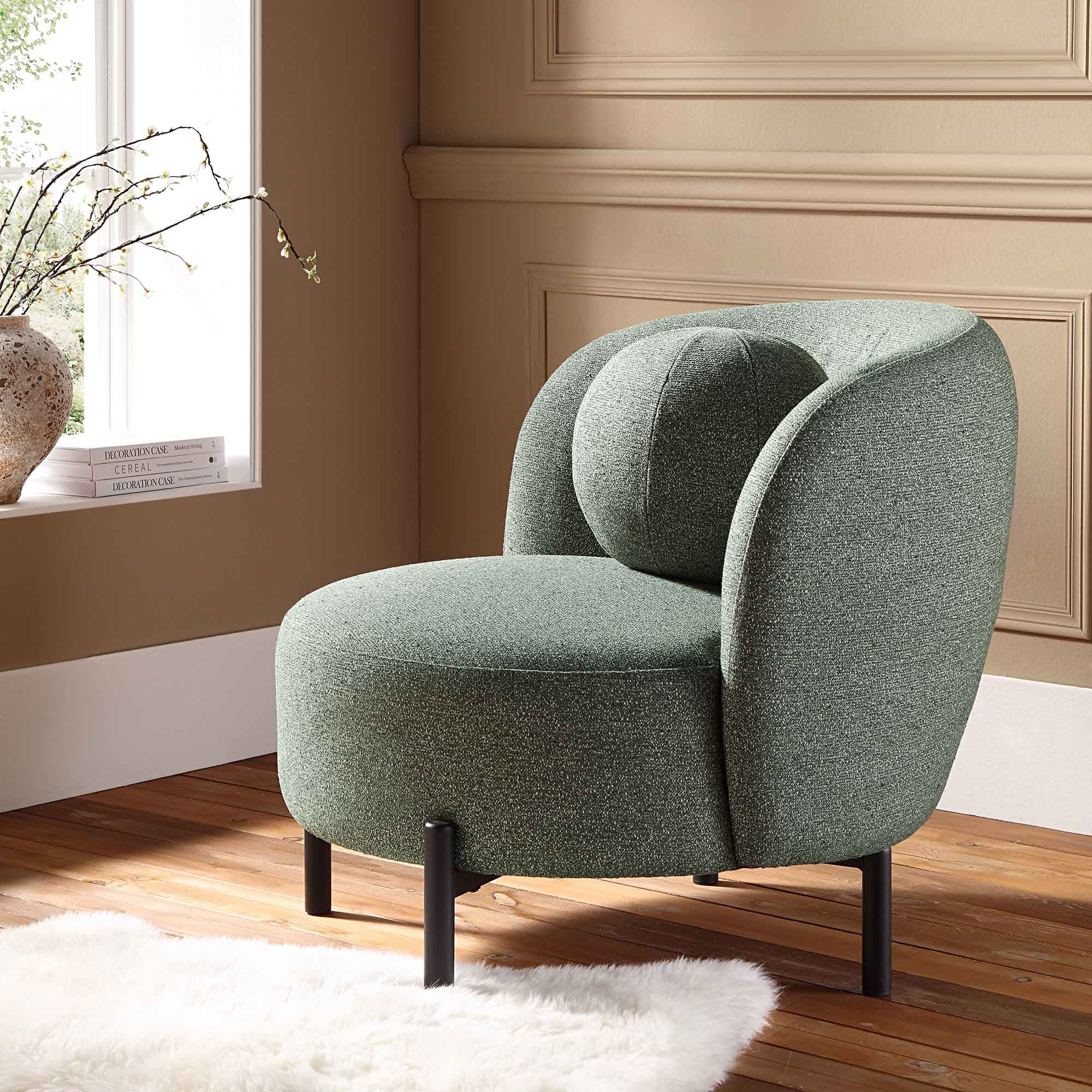 Armchair with Ball Cushion, Spruce Green Textured Fabric