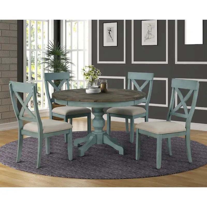 Roundhill Furniture Prato Round 2-tone Blue and Brown Wood Dining Table