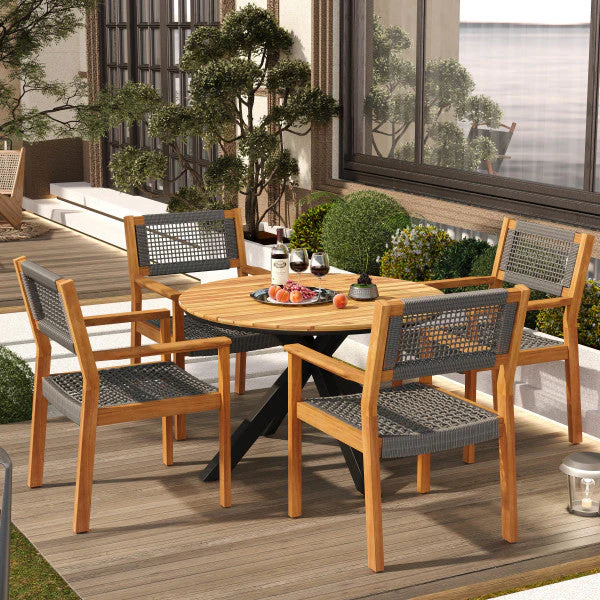 5Pcs Outdoor Patio Dining Set, Rope Weave Chairs & Metal Frame Table