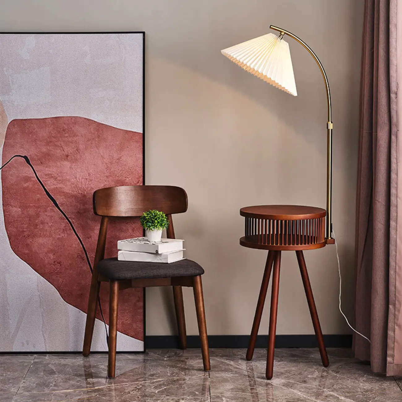 Wood Color Fabric Shade Modern Floor Lamp with Tripod Shelf