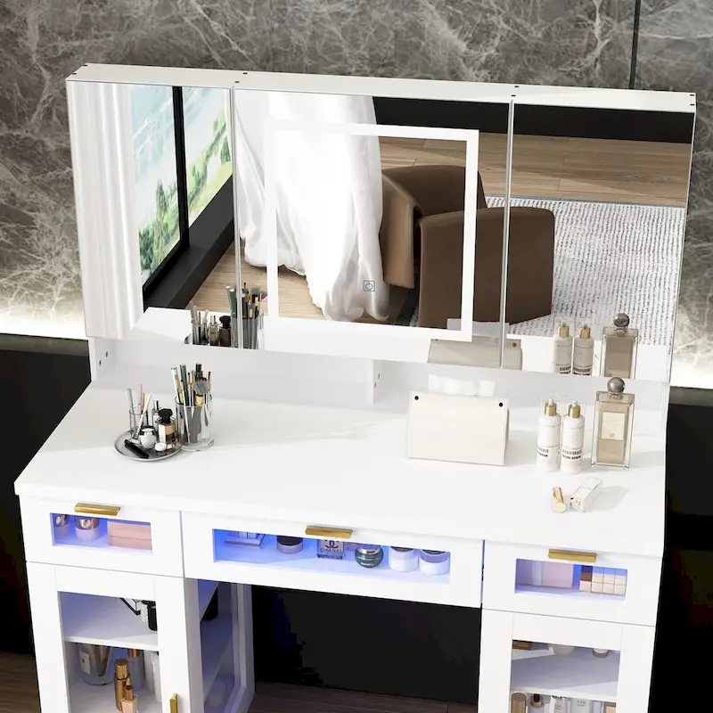 White Vanity Table with Tri-Fold Mirror, Adjustable LED Lights & 3 Drawers