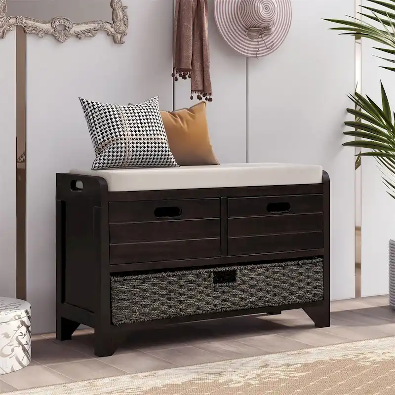 White/Espresso/Navy/White Washed Acacia Wood Storage Bench with 2 Drawers & Removable Basket, Seats 1