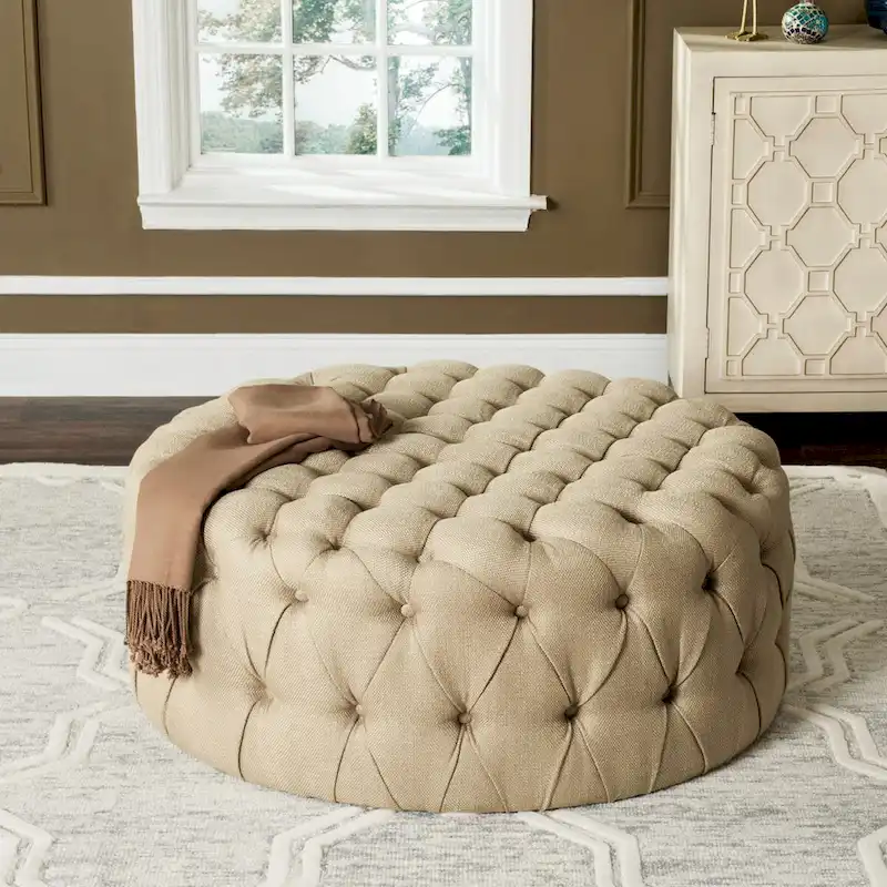 Round Button-Tufted Linen Ottoman – Mushroom / Grey / Antique Gold / Wheat / Bordeaux / Navy / Taupe, Single
