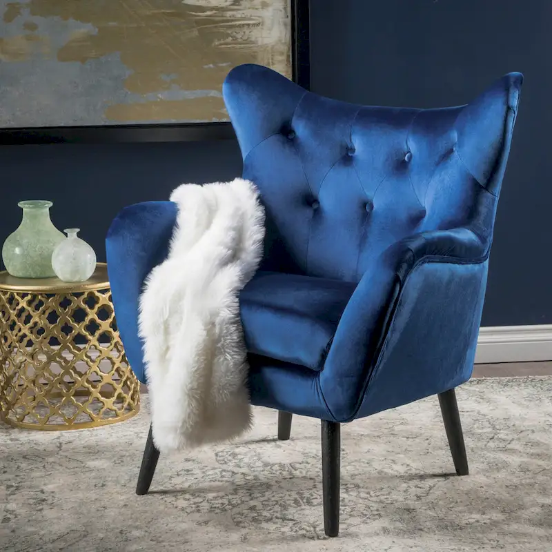 Navy Blue 34.25  Velvet Wingback Arm Chair