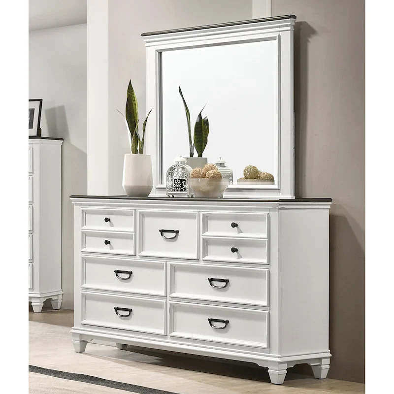 7-Drawer Dresser with Mirror – Antique White / Slate Blue