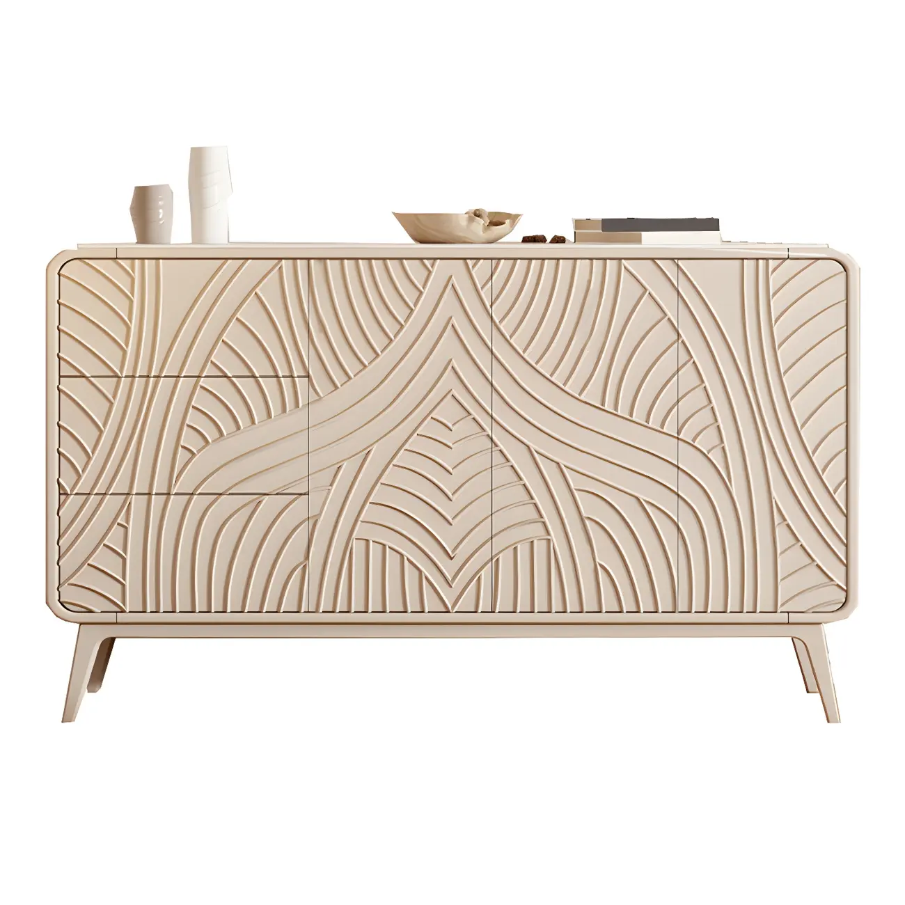 Glam White-Wood Protruding Lines Soft-Close Drawers Dresser