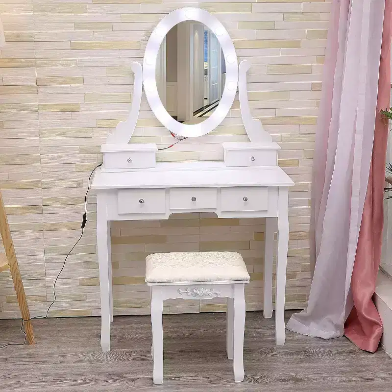 Vanity Desk with Mirror and Lights, Wood Makeup Dressing Table with Oval Mirror & Stool,3 Colors Lighting Modes,(White)