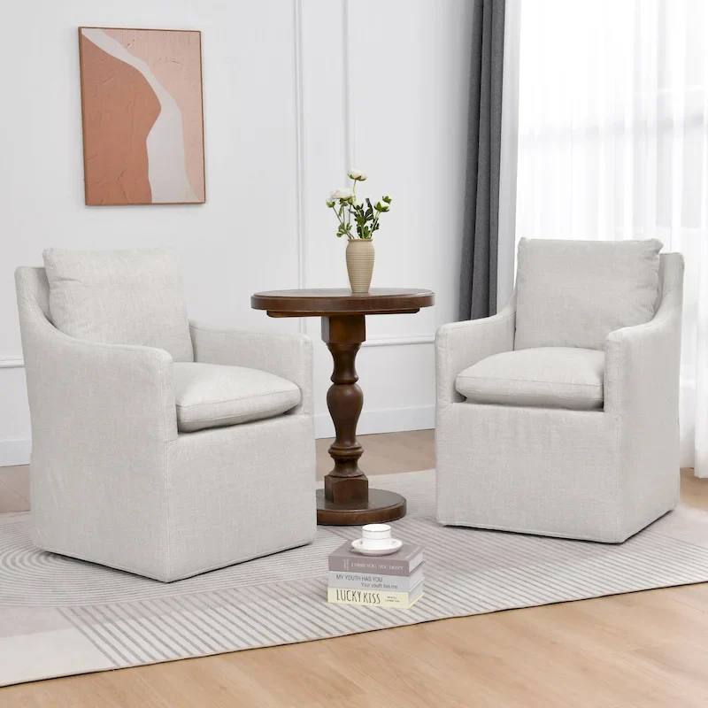 Beige Faux Linen Swivel Rolling Armchair with Casters, 1-Person