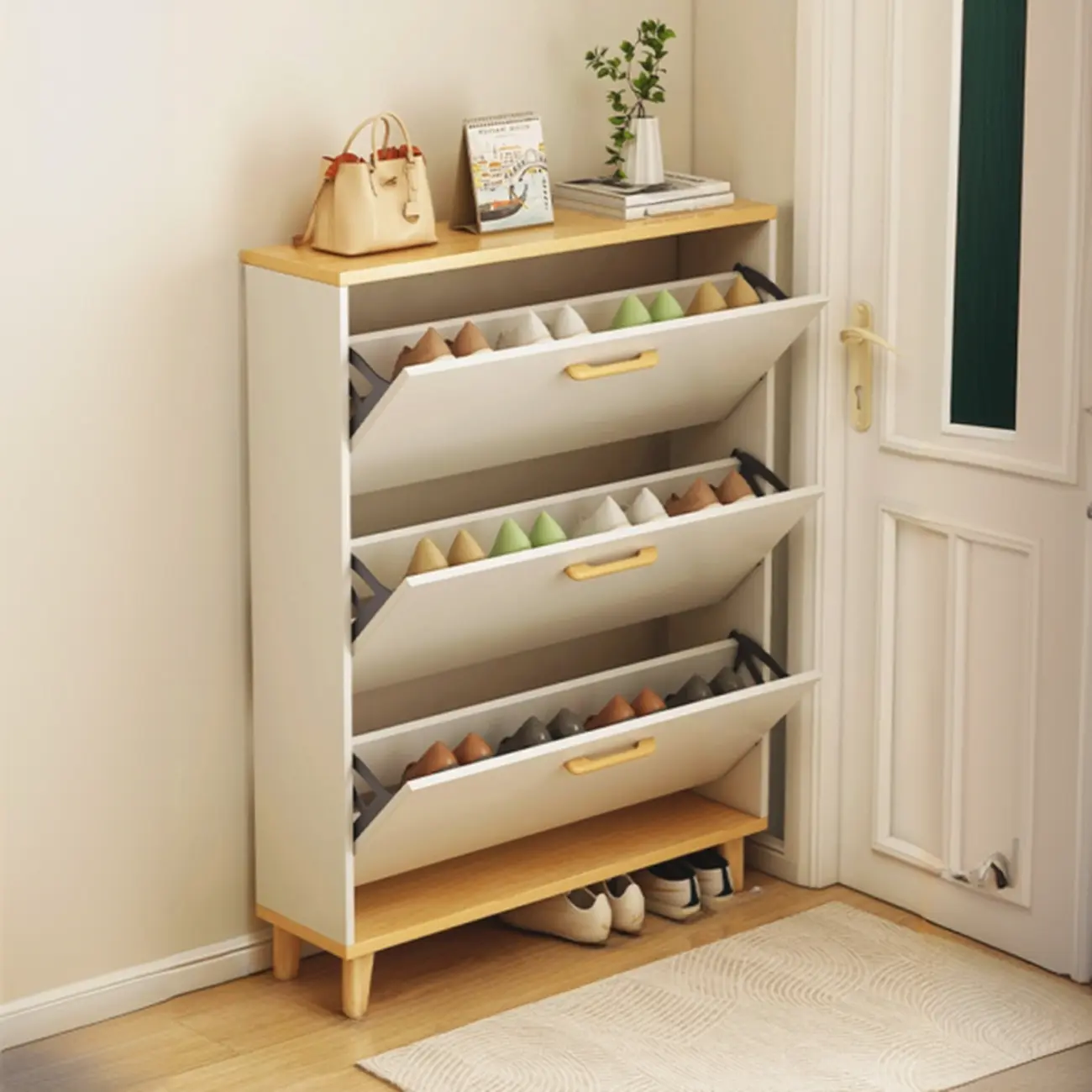 Entryway Modern Wood Shoe Cabinet with Flip-Out Drawer