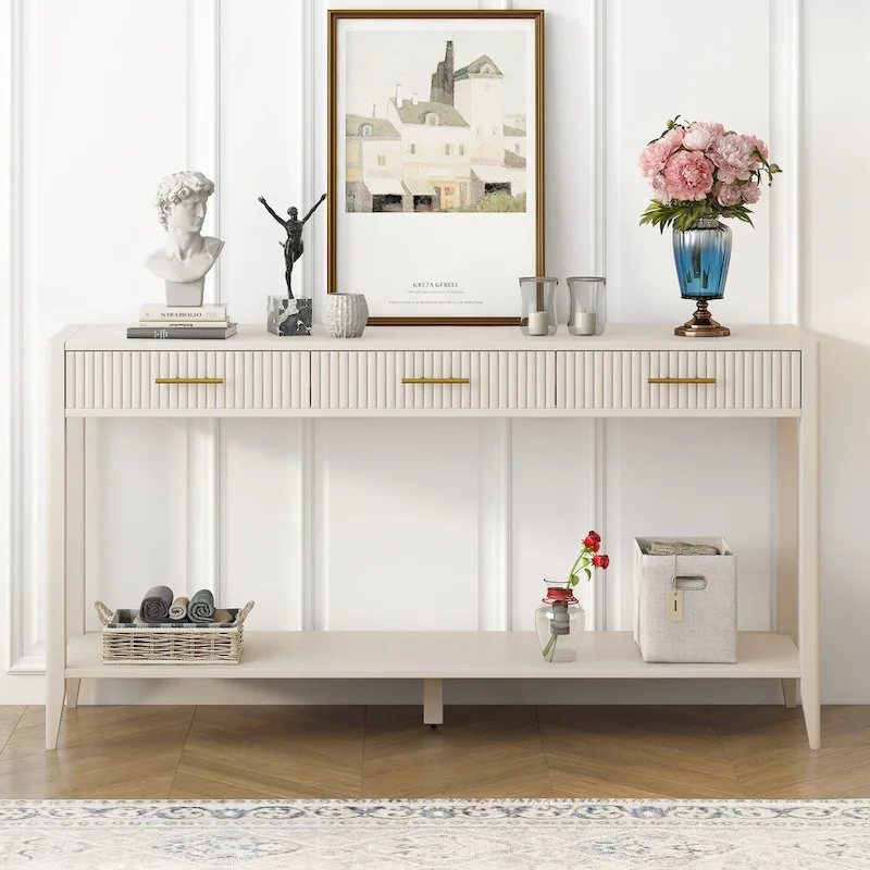 Console Table with Three Vertical Stripe Drawers and Long Legs