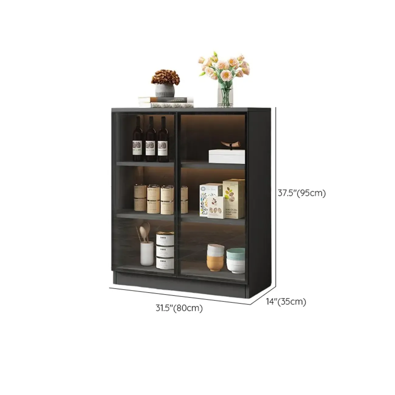 Large 3 Shelves Glass Wood Black Sideboard with LED Light