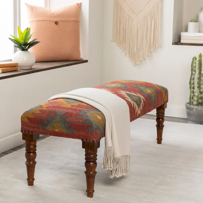 Dark Red / Dark Green Southwestern Kilim Jute Upholstered Bench – 1-Person Seat