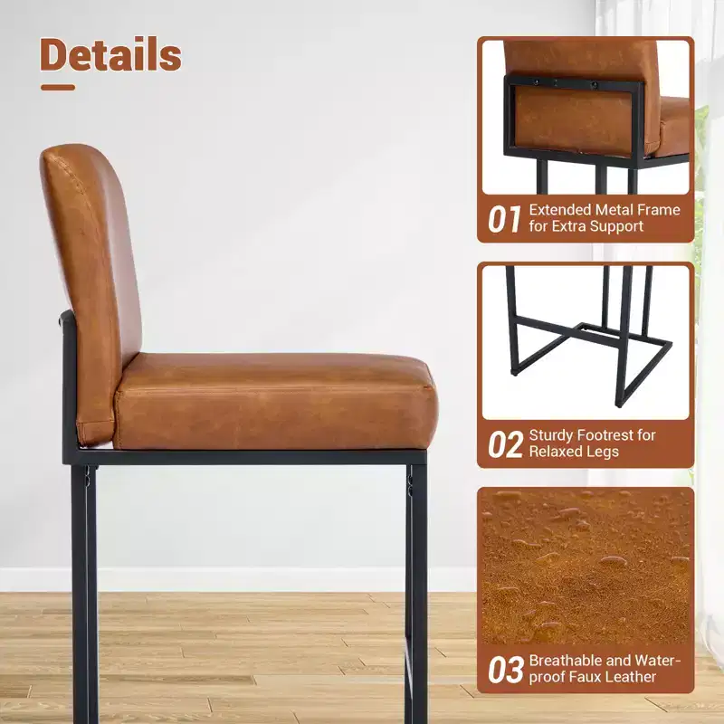 CuisinSmart 24 Inch Counter Height Bar Stools with Backrest, Upholstered PU Leather, Perfect for Kitchen Island, Bar, Restaurant