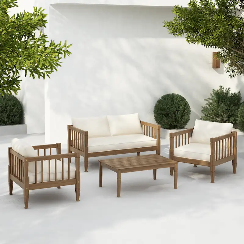 Scott Living Darla 4 Piece Outdoor Sleek Acacia Wood Seating Set with Water-Resistant Cushion