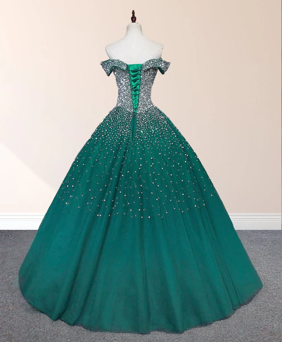 Emerald Green Off The Shoulder Tulle Quinceanera Dresses With Beadings