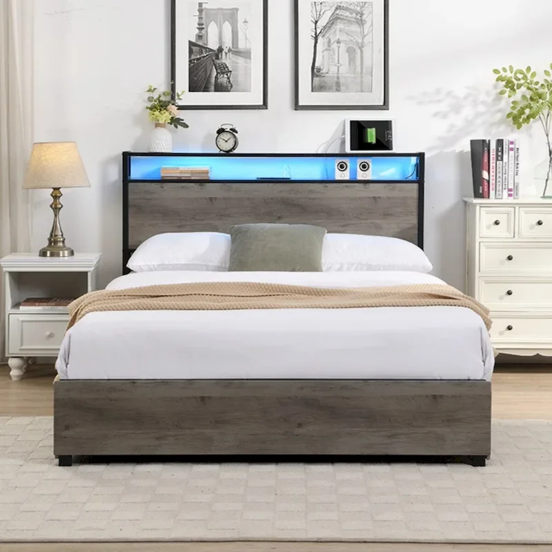 Queen Bed Frame, Storage Headboard with Charging Station, Antique Grey