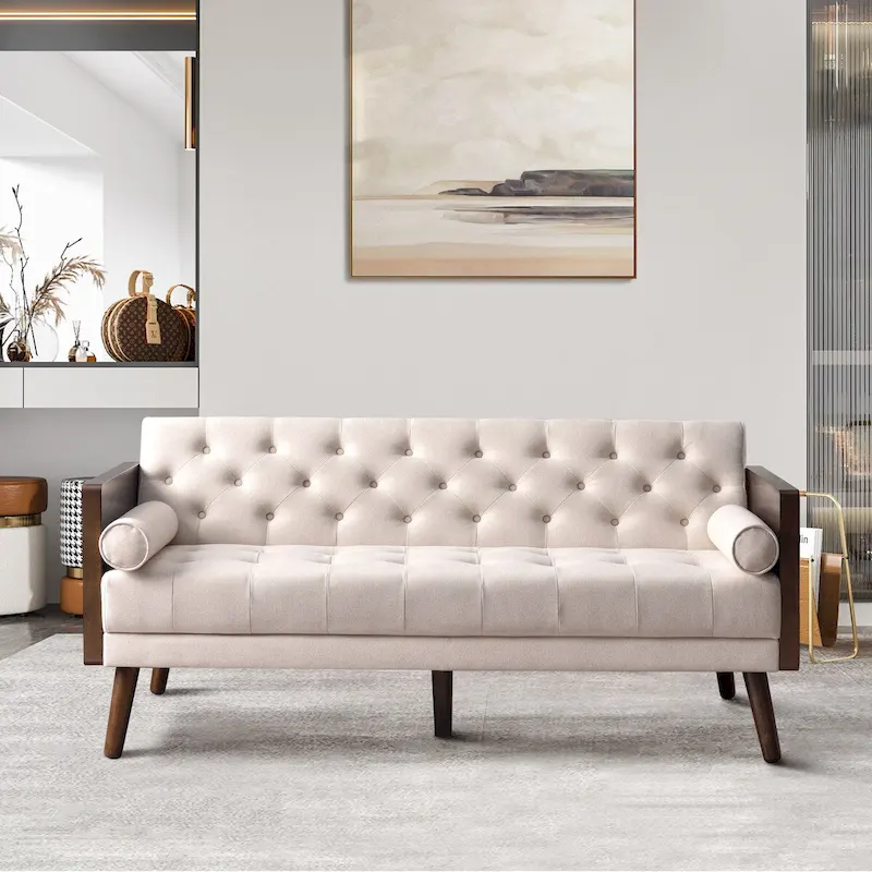 Mid-Century Modern Tufted Fabric Sofa with Wood Legs