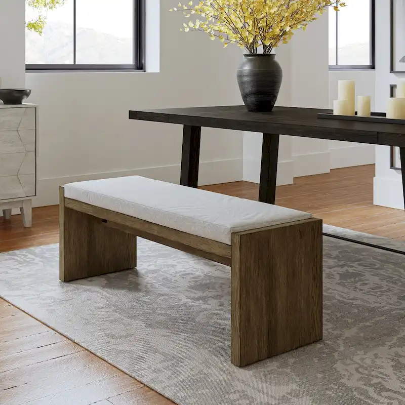 Brown Transitional Upholstered Bench with Reversible Cushion & Rubberwood Legs