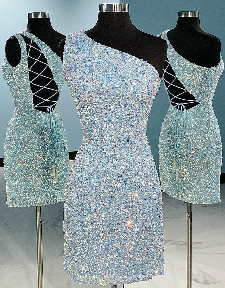 One Shoulder Tight Sky Blue Mini Party Dresses