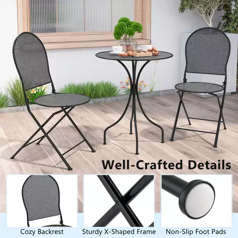 Costway 3 PCS Metal Bistro Set Round Table & 2 Folding Chairs with Rattan-Like Pattern Black/White