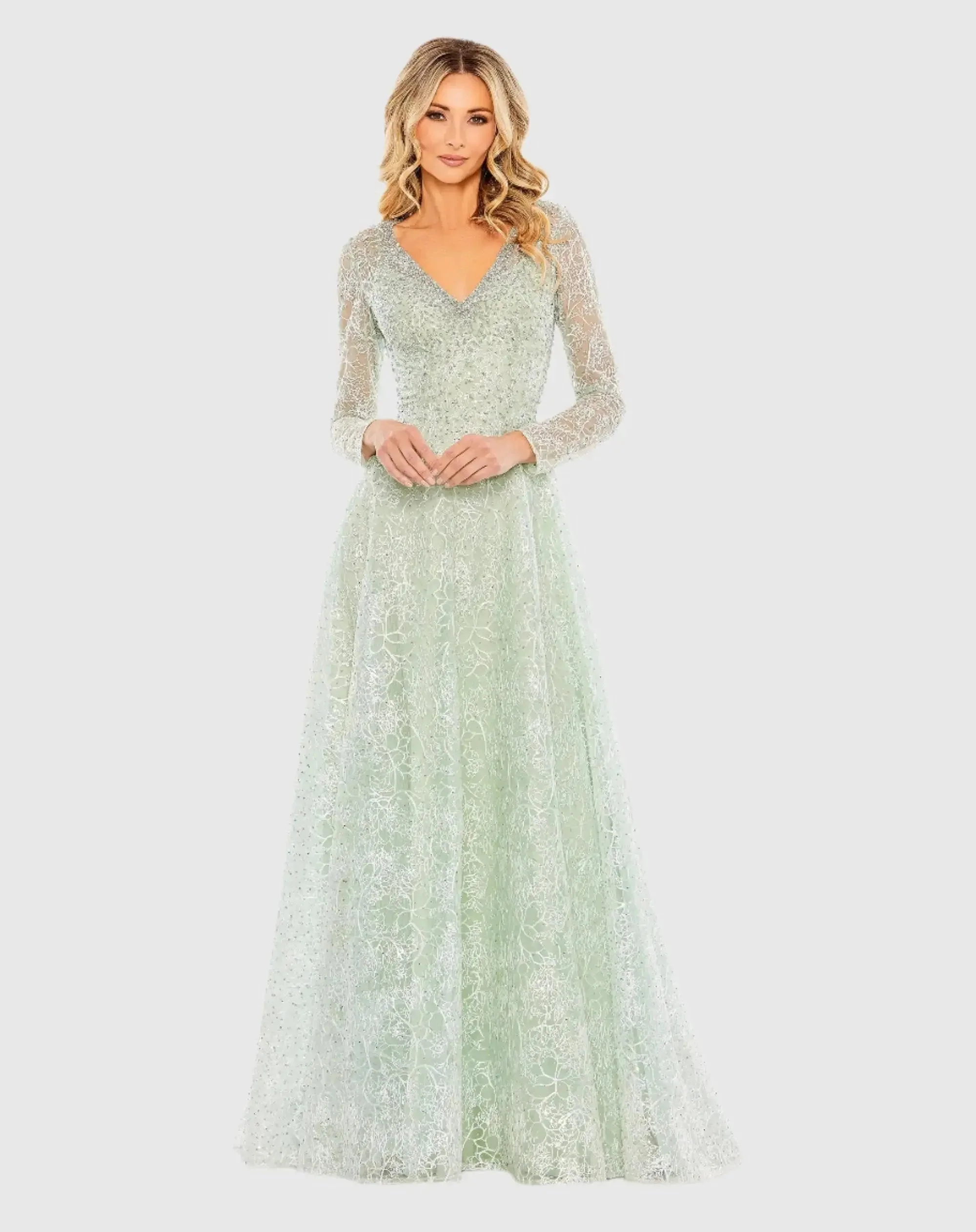 Crystal Embellished Long Sleeve V-Neck Gown
