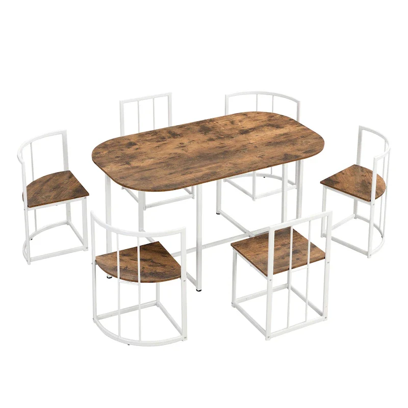Modern 7-Piece Metal Frame Dining Table Set with Half-Round Table & 6 Chairs