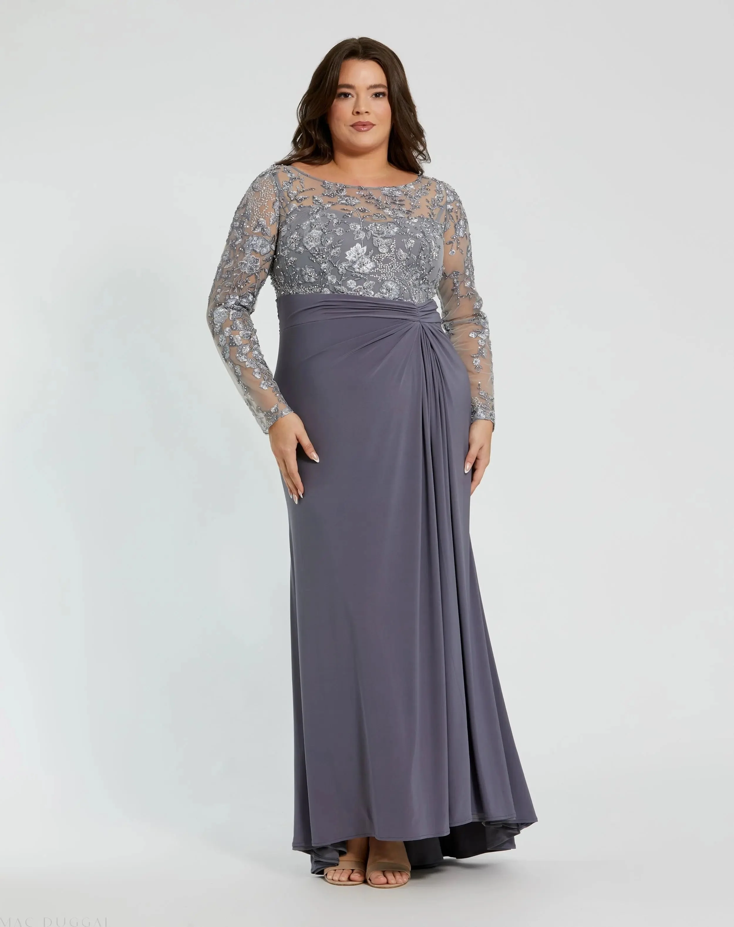 Gray Embroidered Top Jersey Skirt Gown (Plus)