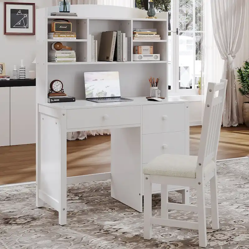 White / Espresso Retro Writing Desk with Chair, 4 Drawers & Bookshelf, Single-Person
