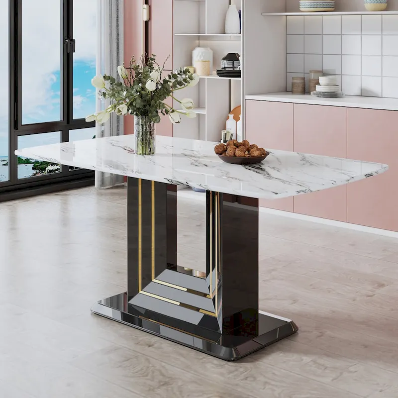 Dining table. White imitation marble pattern desktop. Black MDF table legs with gold lines and black base