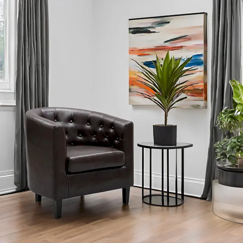 Accent Chair, Button Tufted Faux Leather Barrel Chair, Midcentury Modern Accent Chair, Comfy Armchair, Tub Barrel Chairs